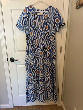 Anthropologie somerset maxi blue Geometric Print Tiered Maxi Dress